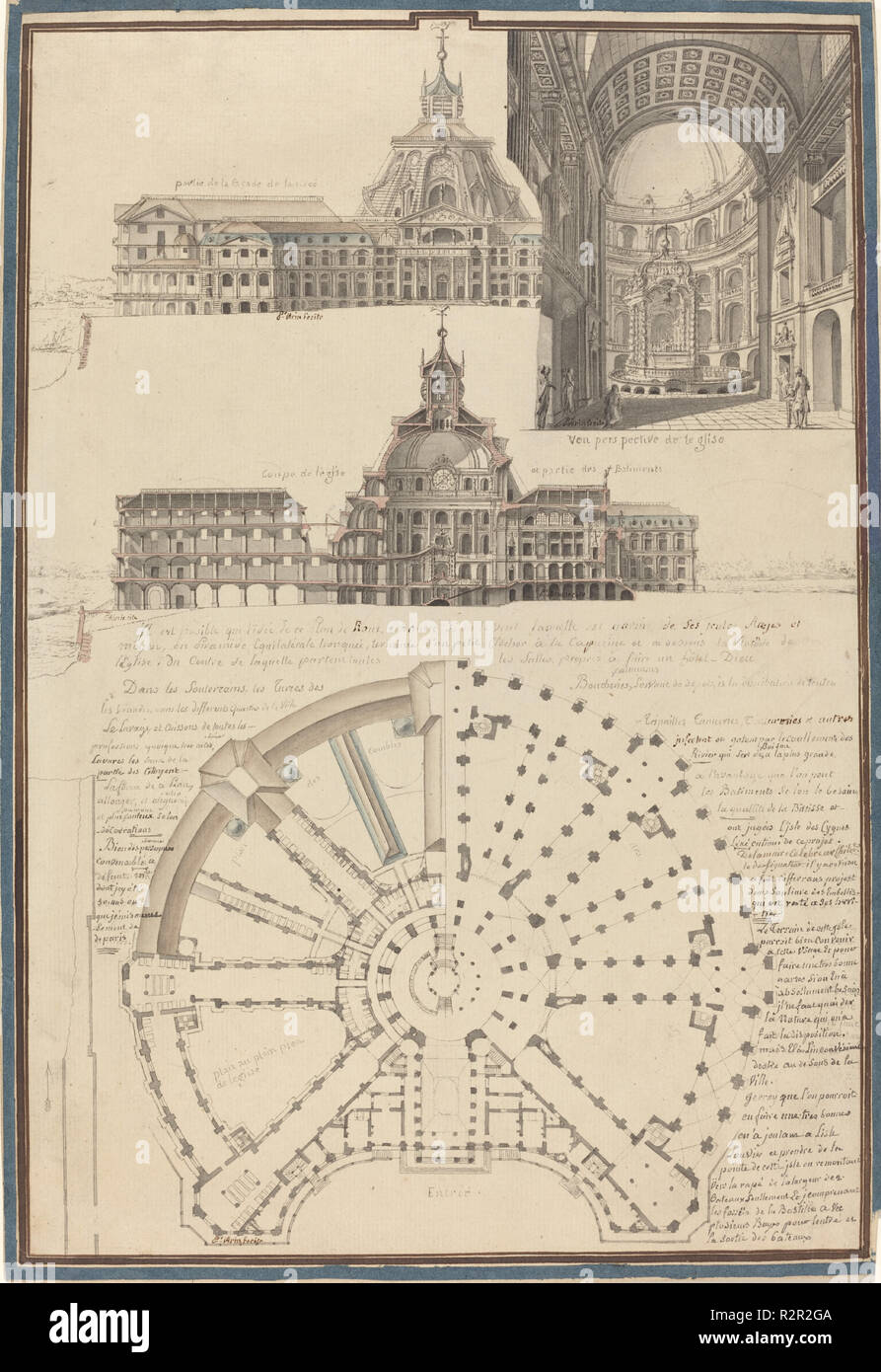 Plan y tres vistas de una circular en la Iglesia. Fecha: c. 1750.  Dimensiones: total: 36,5 x 24,8 cm (14 3/8 x 9 3/4 in.). Medio: lápiz y  tinta negra y gris
