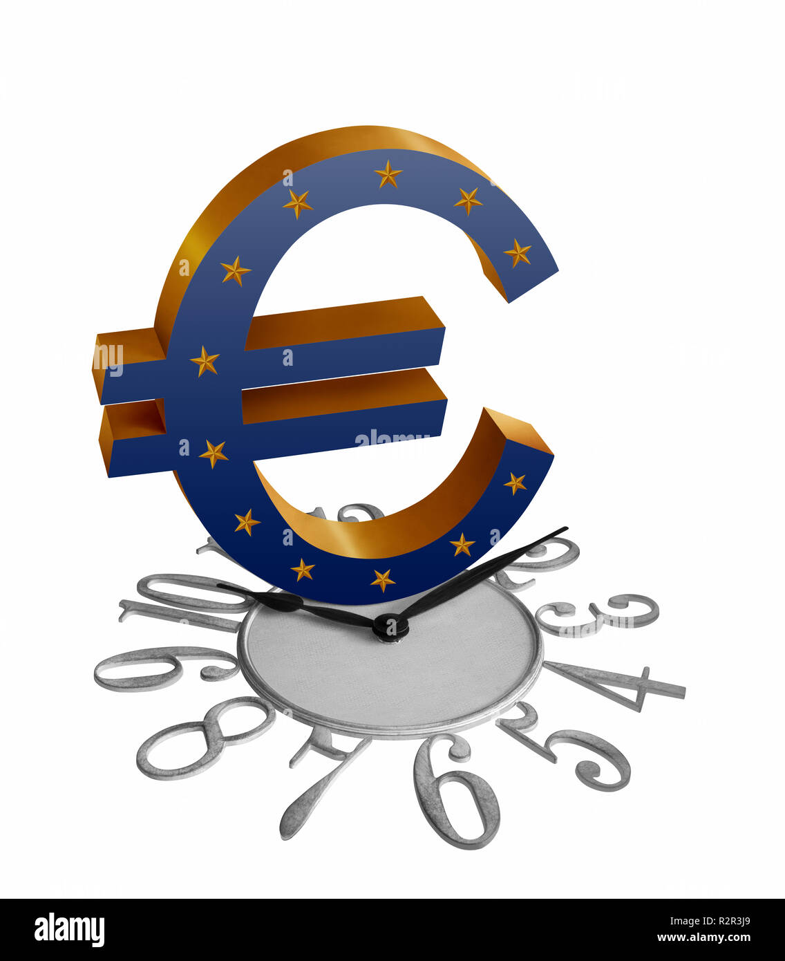 Golden Signo Euro Simbolo En La Bandera De La Union Europea Sobre Un Reloj Aislado En Fondo Blanco Fotografia De Stock Alamy