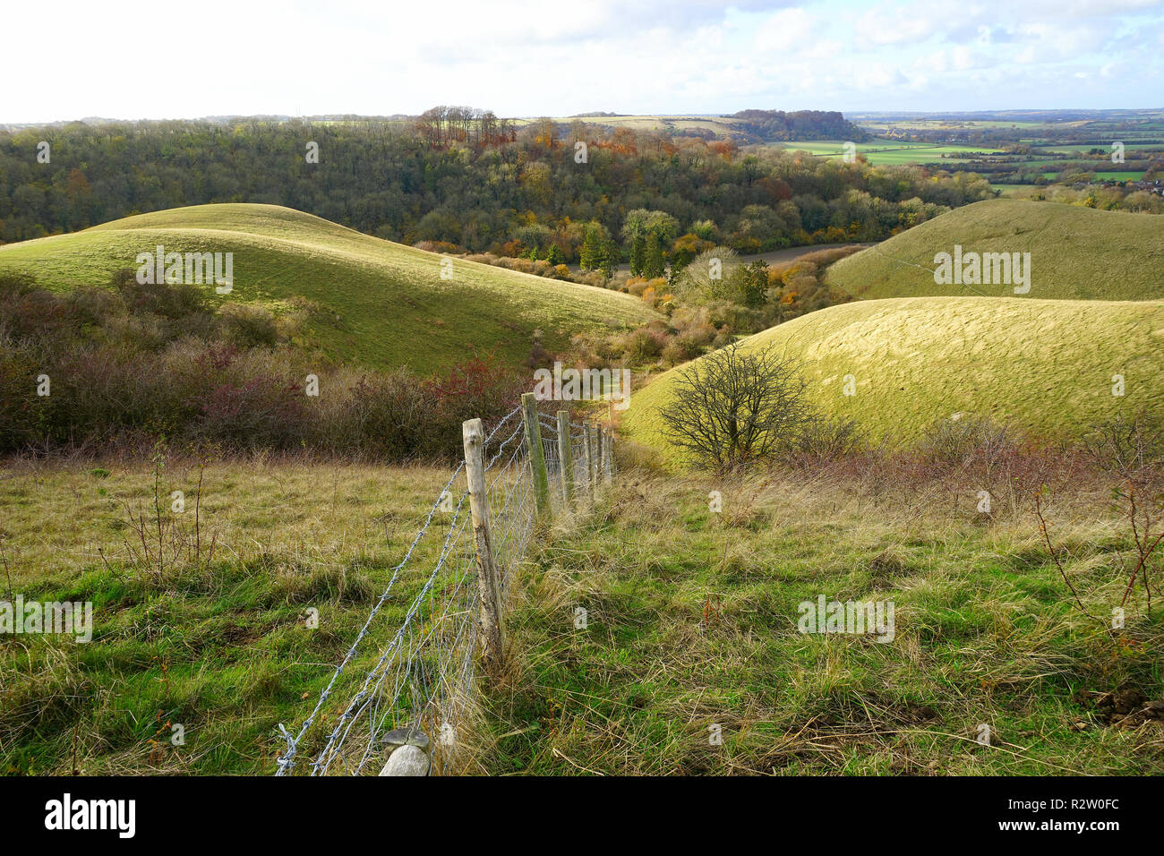 Una valla desaparece al pie de una colina en la Reserva Natural de Barton Hills, Bedfordshire Foto de stock