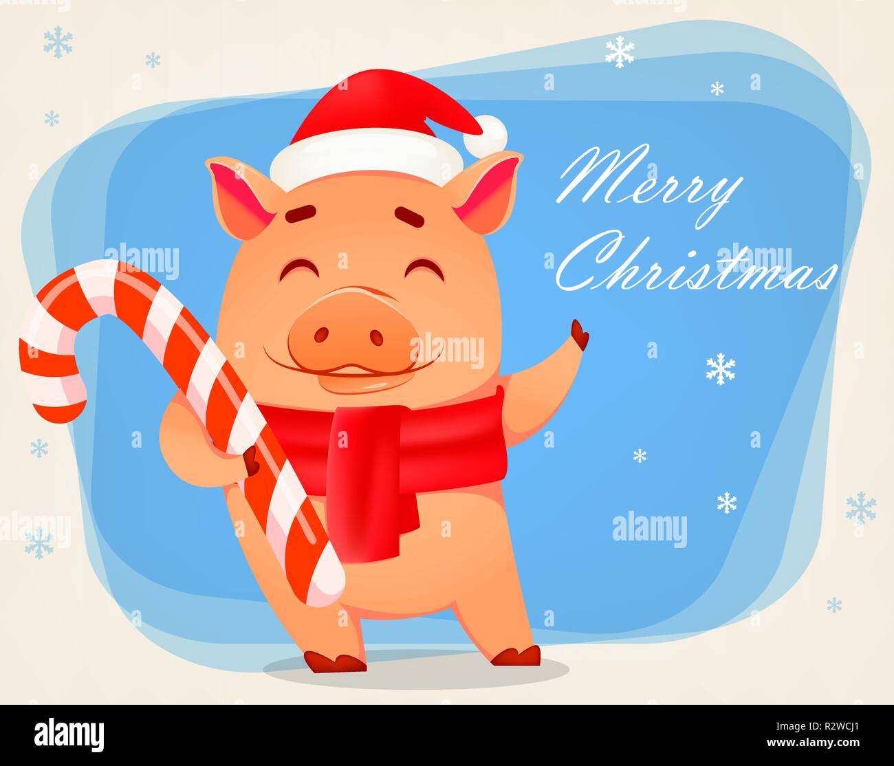 Tarjeta de felicitación de Navidad. Lindo cerdo vestidos de Santa Claus sombrero y bufanda mantiene candy cane. Gracioso personaje de dibujos animados. Ilustración vectorial sobre fondo azul Imagen Vector de stock - Tarjeta de felicitación de Navidad. Lindo cerdo vestidos de Santa Claus sombrero y bufanda mantiene candy cane. Gracioso personaje de dibujos animados. Ilustración vectorial sobre fondo azul Imagen Vector de stock -