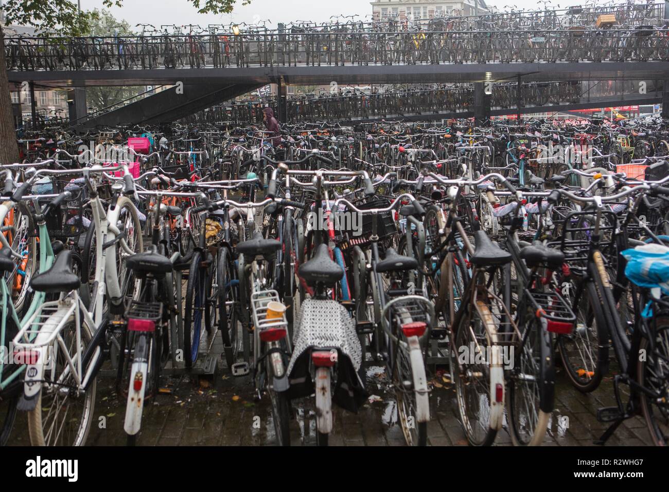 Parking de bicicletas cerca de la estación central de Ámsterdam Foto de stock