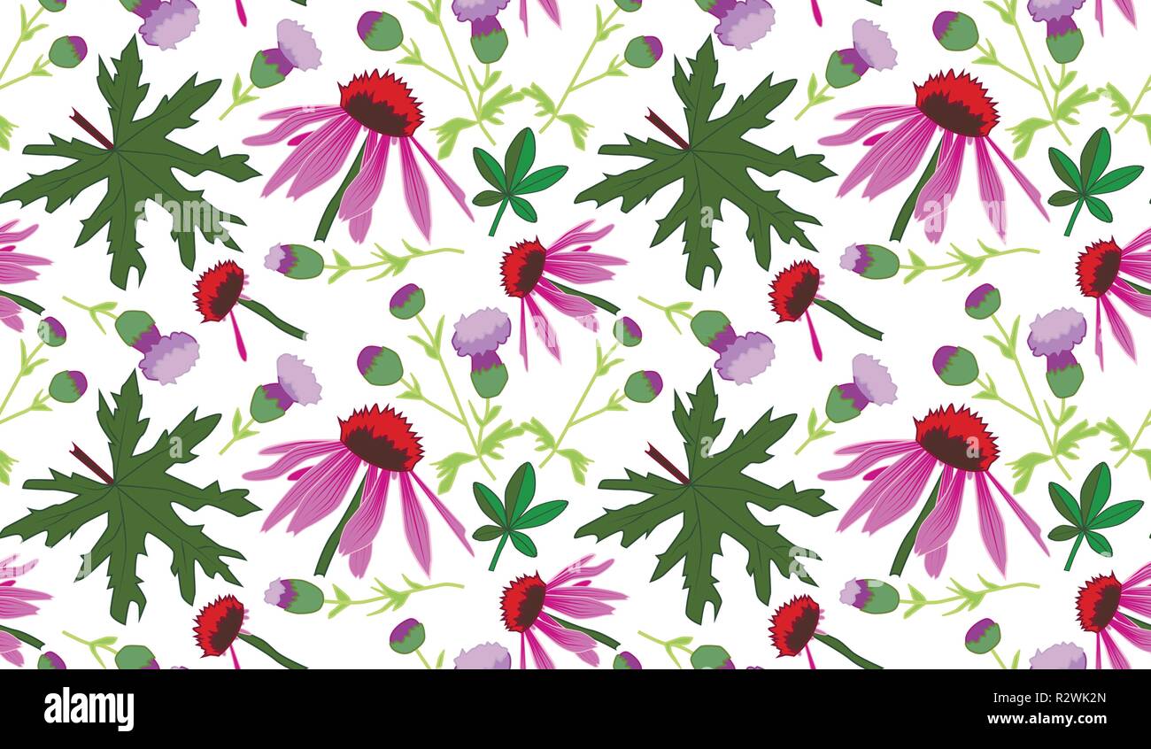 Patrón de vectores sin fisuras con hojas y flores de color rosa, fondo transparente Ilustración del Vector