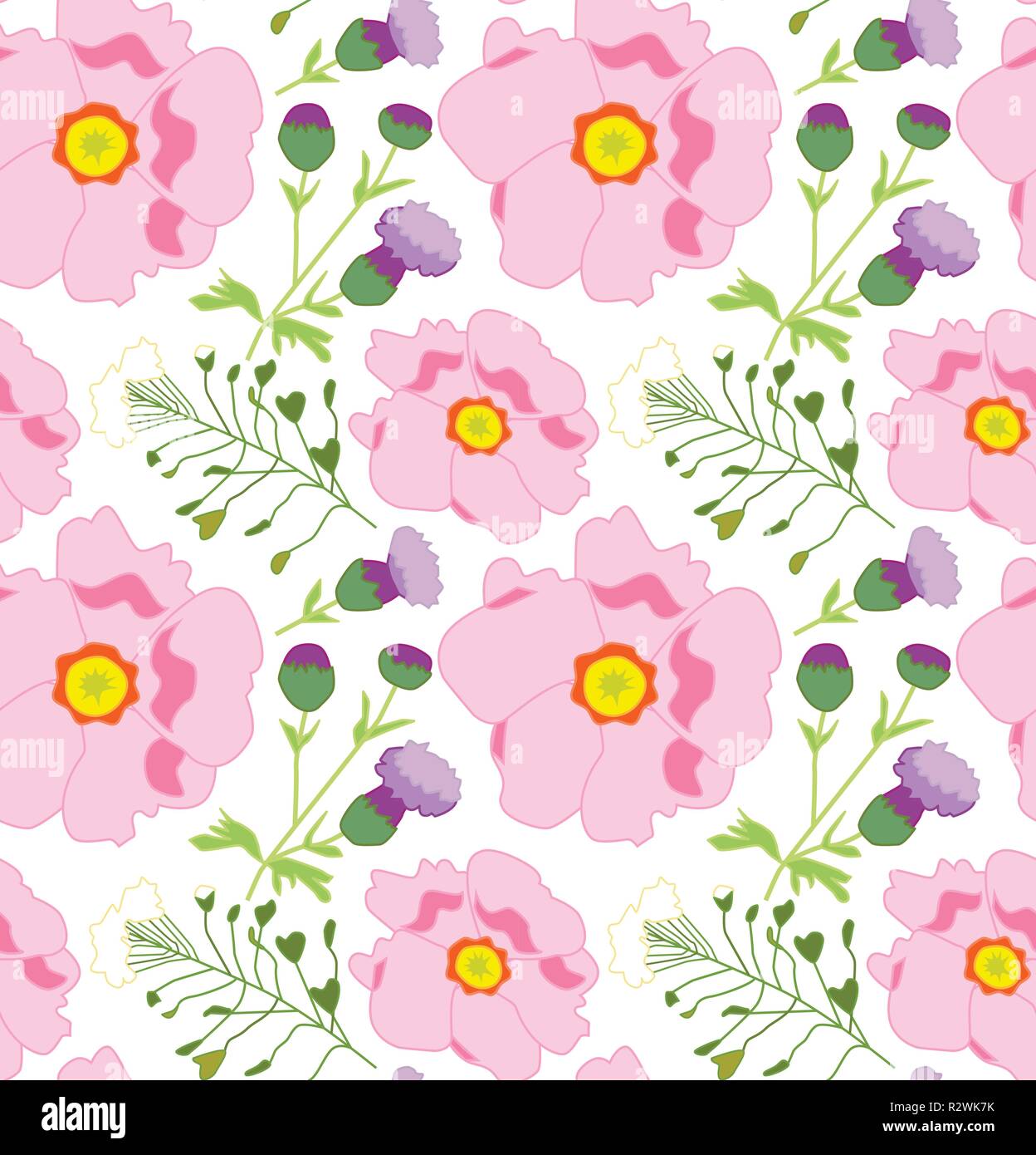 Seamless vector patrón con flores de color rosa y lila, fondo transparente Ilustración del Vector