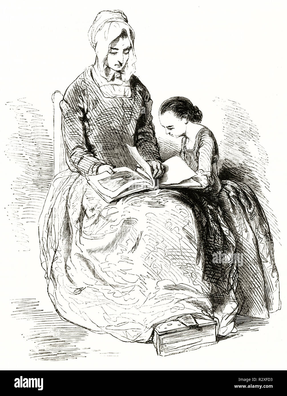 Ilustración antigua de la mujer y la niña mostrando un libro de imágenes. Por Gavarni, publ. en el Magasin pintoresco, París, 1846 Foto de stock