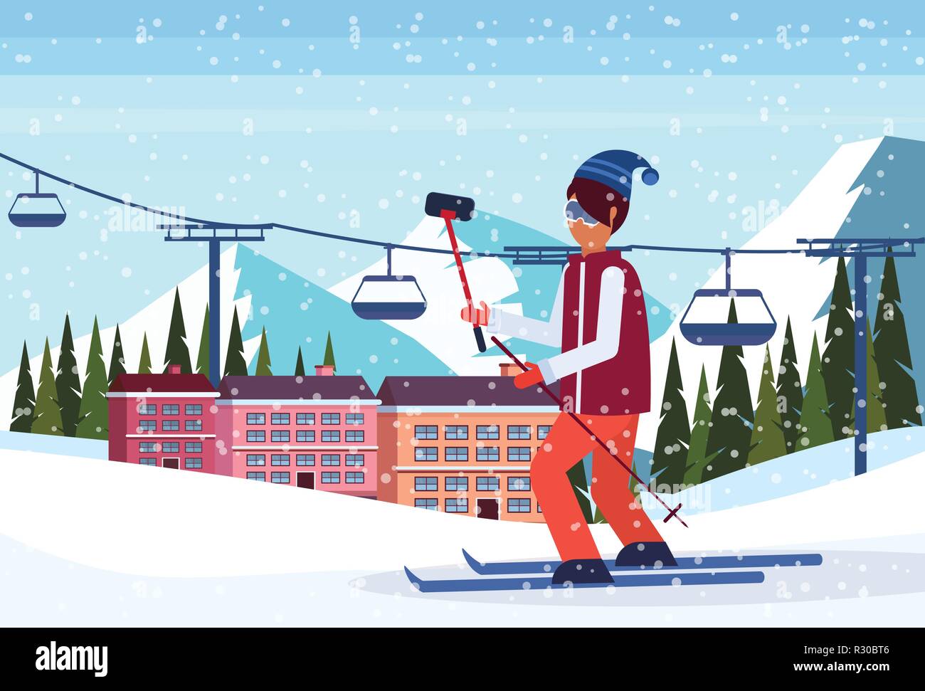 Hombre teniendo selfie ski resort hotel alberga edificios teleférico nevados abeto fondo paisajístico vacaciones de invierno concepto horizontal plana Ilustración del Vector