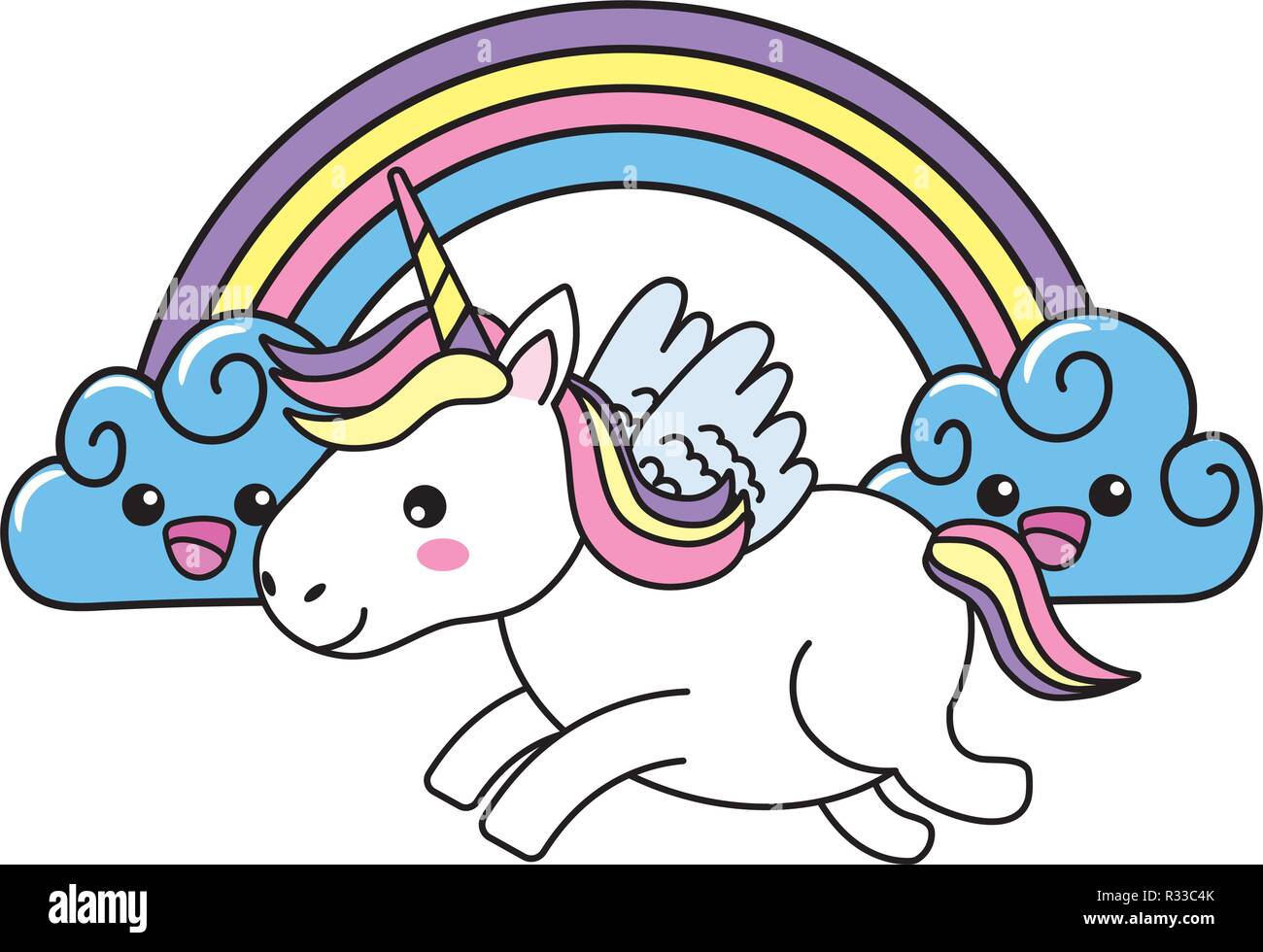 Lindo Bebe Magico Unicornio Saltando Con Arco Iris Y Nubes Cartoon