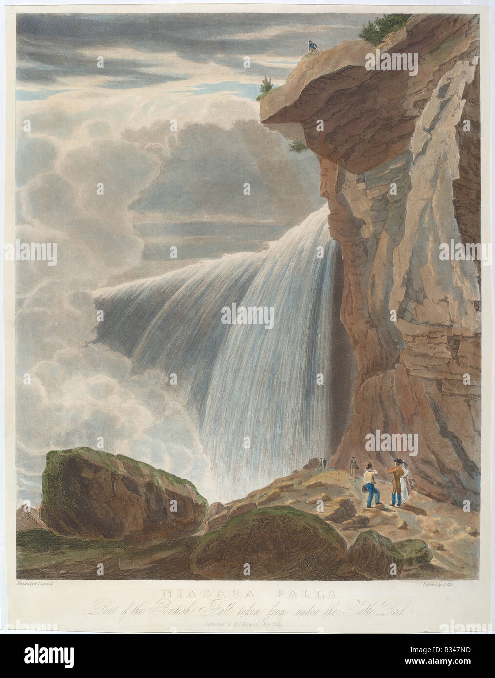 Niagara Falls desde debajo de tabla roca. Fecha: 1829. Dimensiones: hoja  (recortado dentro de la marca de la placa): 58,4 x 45,1 cm (23 x 17 3/4  pulg.). Medio: grabado pintado a