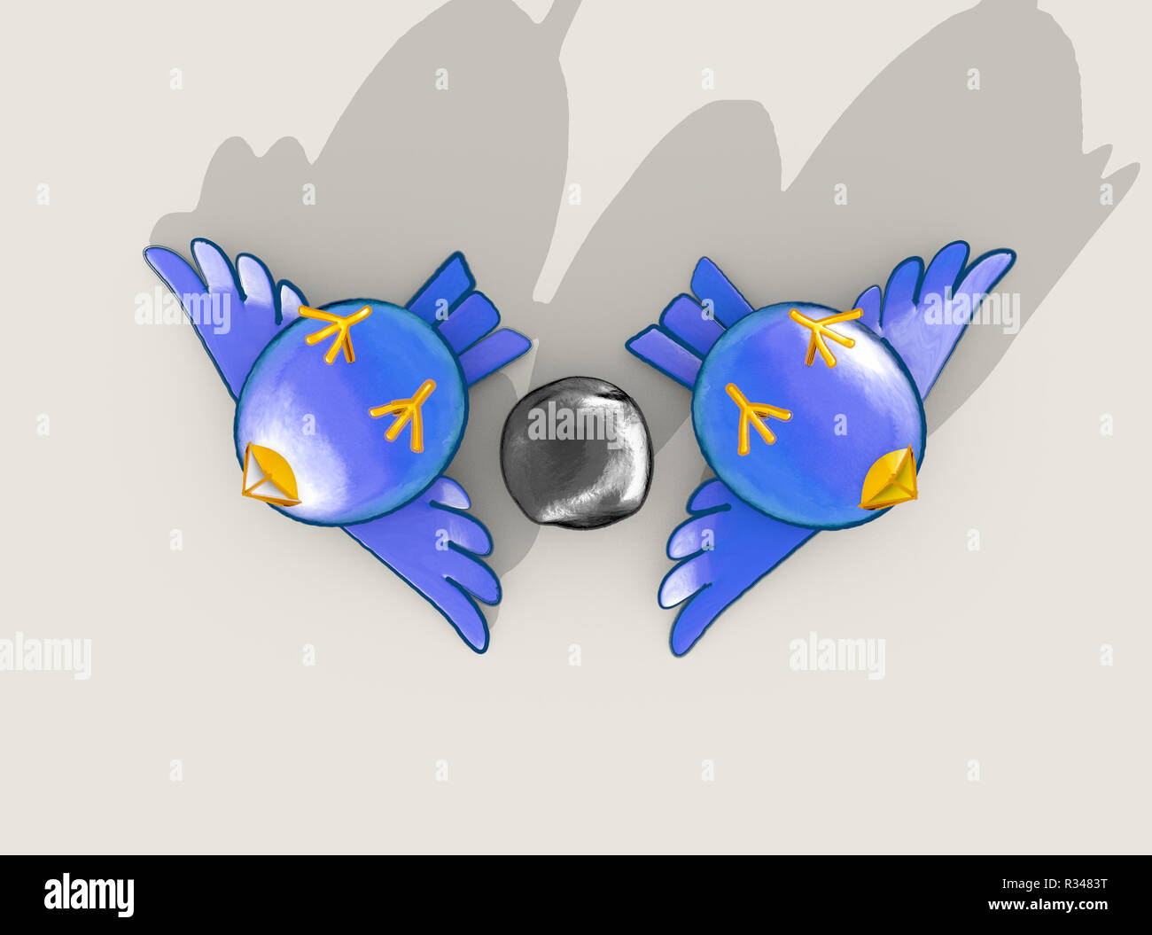 Dos pájaros azules del estilo de dibujos animados aparentemente muerto  junto a una piedra gris con una representación literal del refrán de matar  dos pájaros de un tiro: 3D Render Fotografía de
