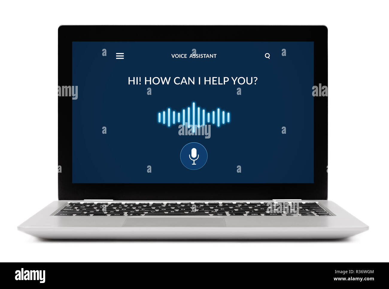 Concepto de ayudante de voz en la pantalla de la computadora portátil. Aislado sobre fondo blanco. Todo el contenido de la pantalla está diseñado por mí. Foto de stock