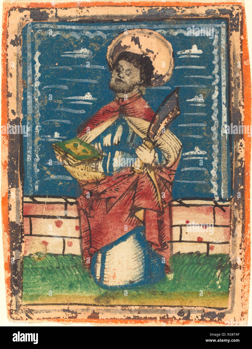 Alemán del siglo XV, San Bartolomé, 1480-1490, xilografía, Coloreado a mano  en el lago azul, rojo, verde, amarillo, blanco reinventado Fotografía de  stock - Alamy