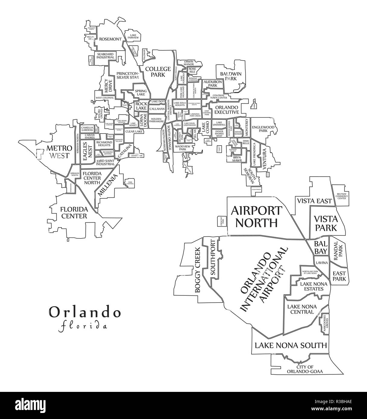 Ciudad moderna Mapa de la ciudad de Orlando, Florida, EE.UU. con los barrios y títulos mapa de