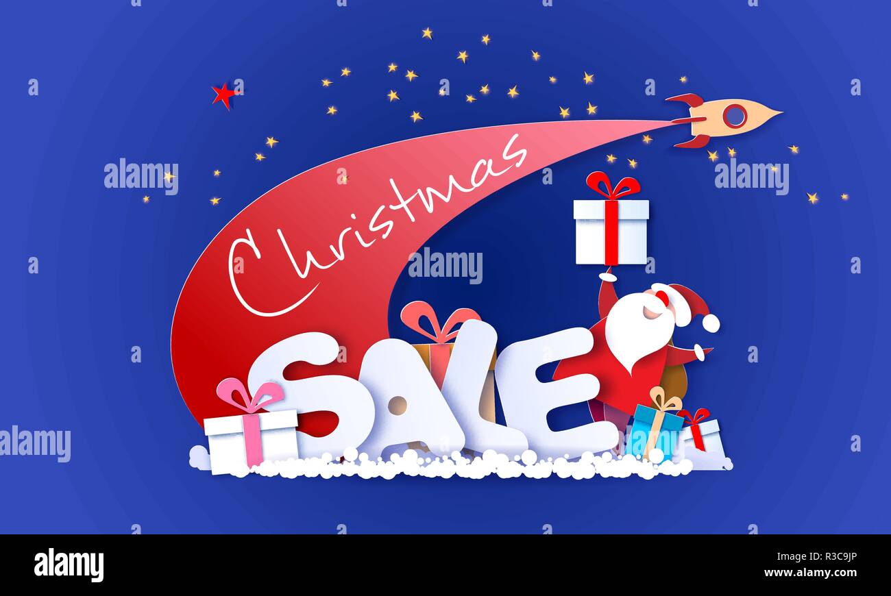 Publicidad Diseño de Navidad. Santa Claus con caja de regalo más grandes  letras venta y rocket sobre fondo azul. Cortar papel arte vectorial  ilustración para la promoción banners, encabezados, carteles, pegatinas,  etiquetas