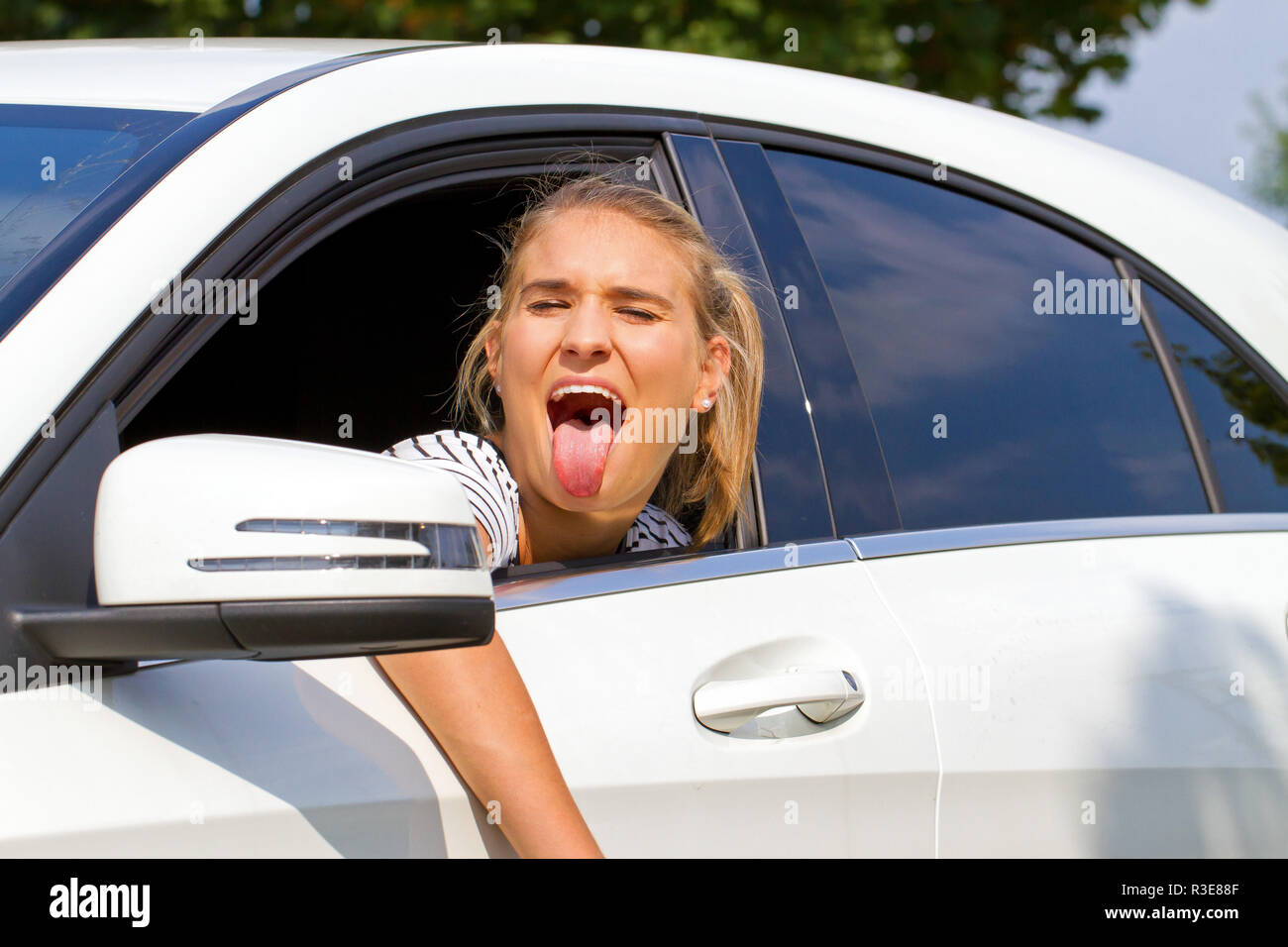 Conductor de coches sobresale su lengua Foto de stock