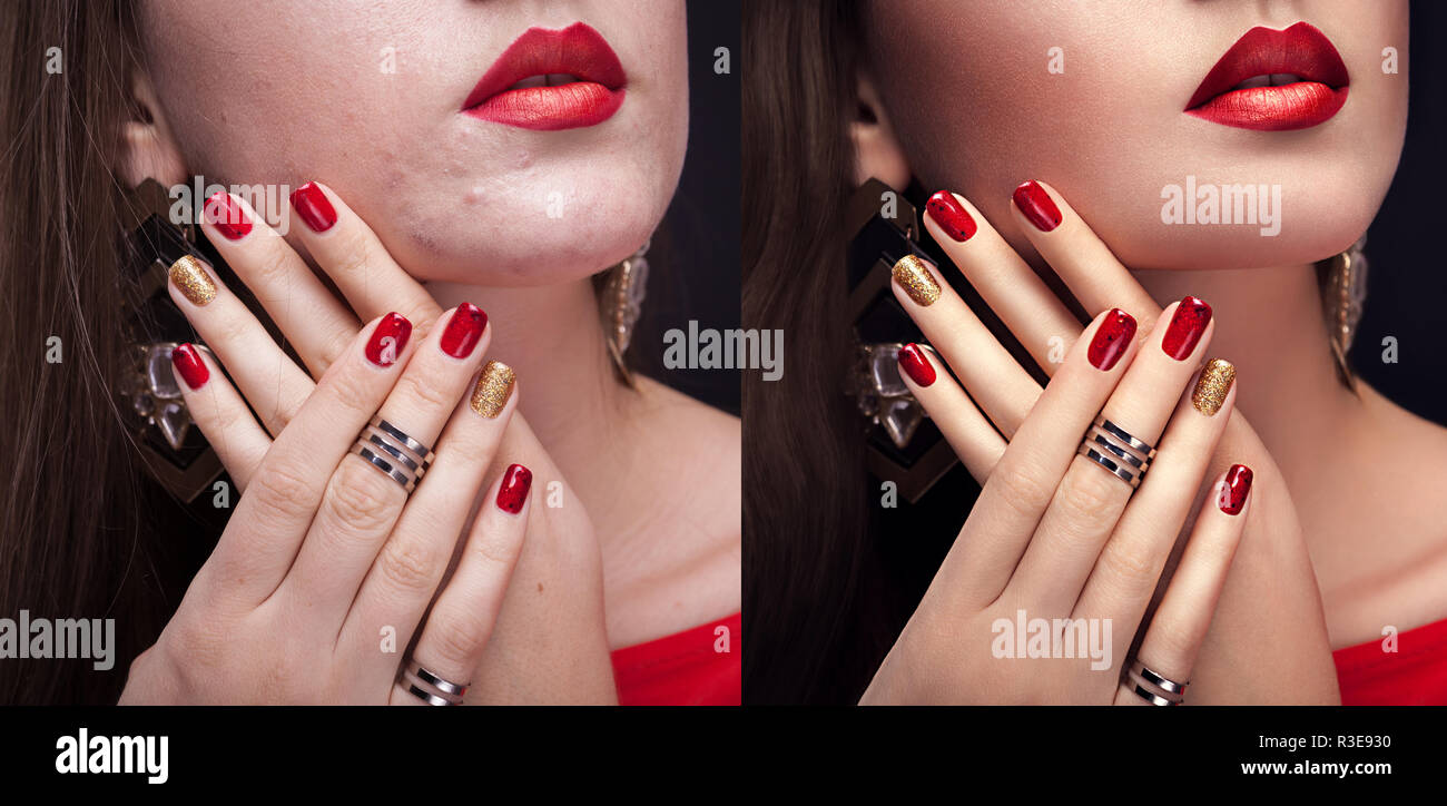Antes y después del retoque en el editor. Al lado de los retratos de moda  mujer con maquillaje y manicura editado Fotografía de stock - Alamy