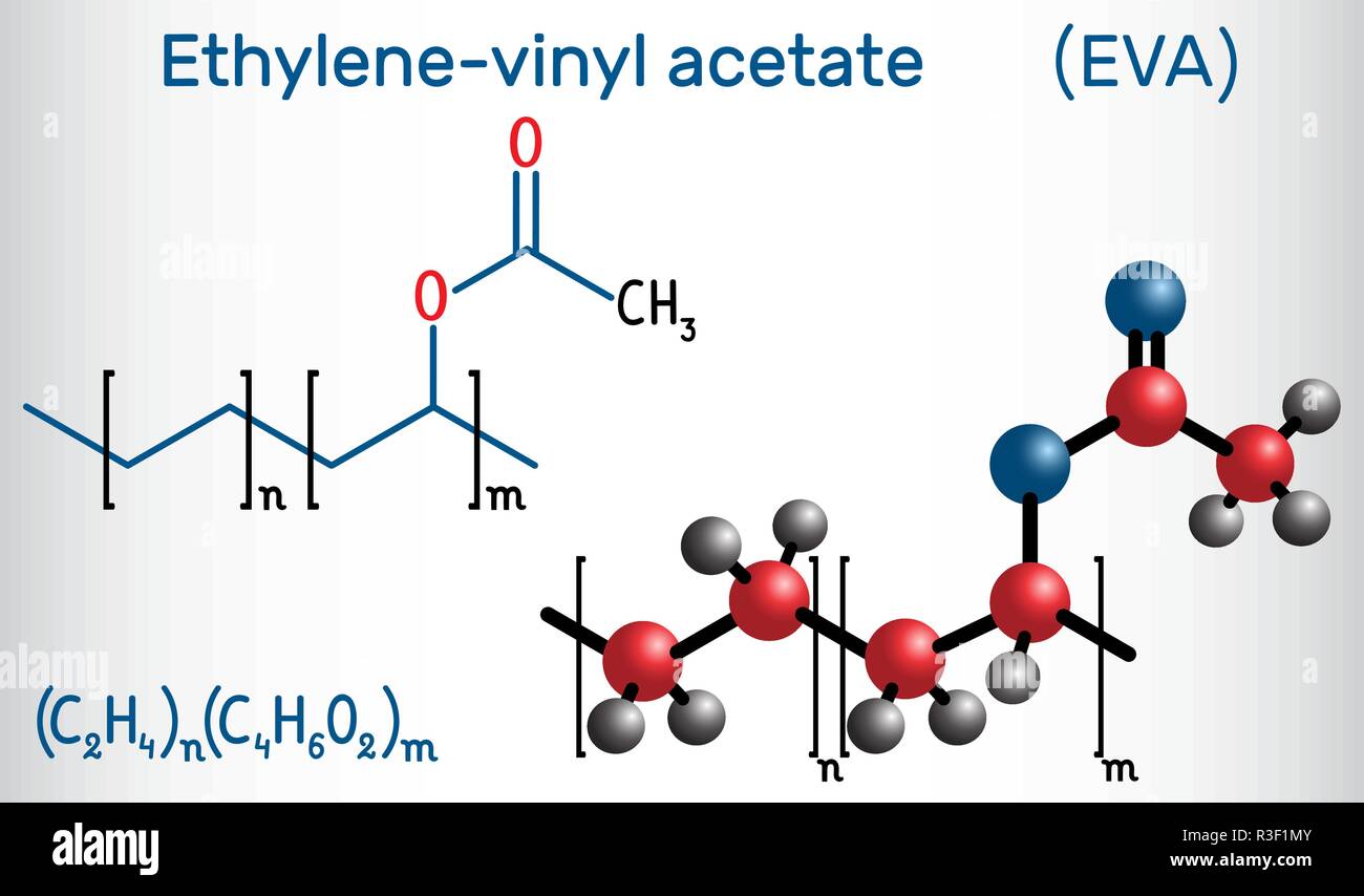 De etileno-acetato de vinilo (EVA). Es el copolímero de etileno y acetato  de vinilo. Fórmula química estructural y modelo de molécula.ilustración  vectorial Imagen Vector de stock - Alamy