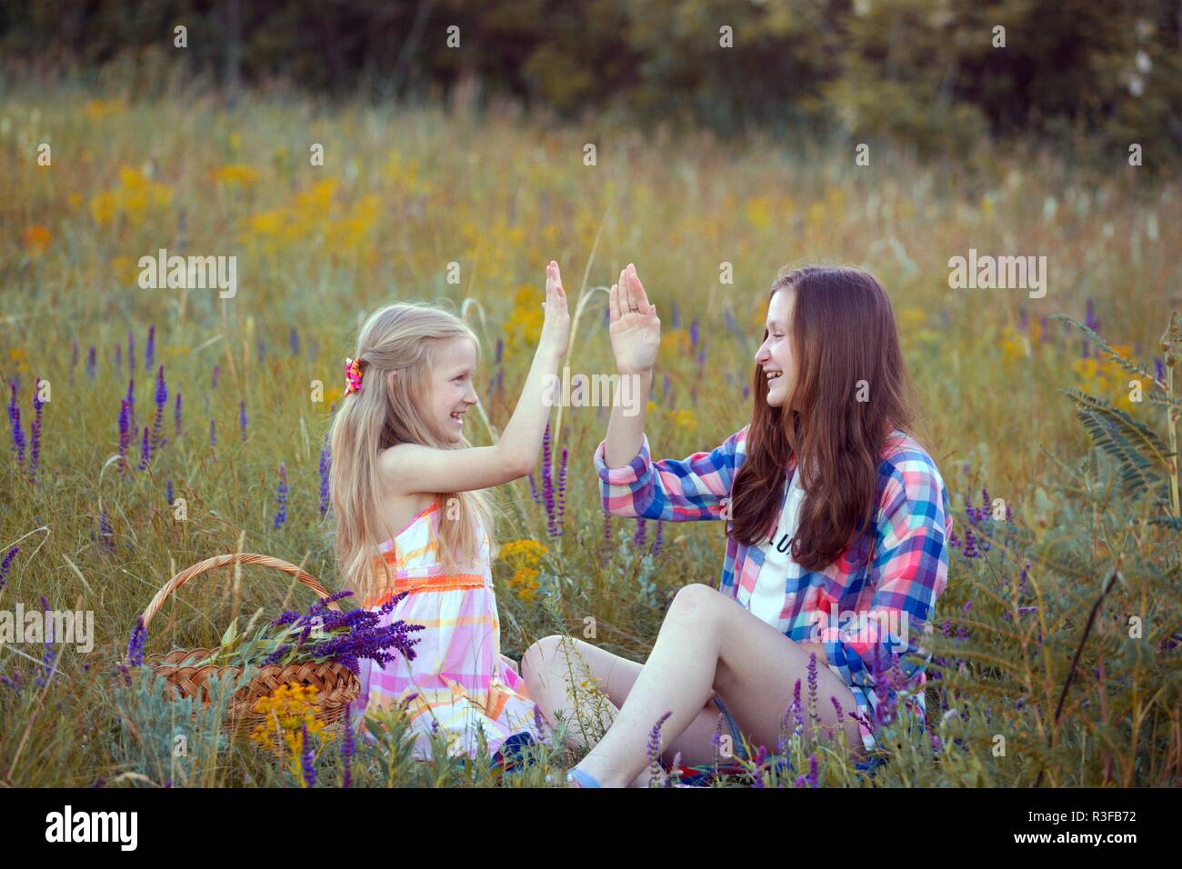 Verano - chicas sonrientes hermanas divertirse en una pradera Foto de stock