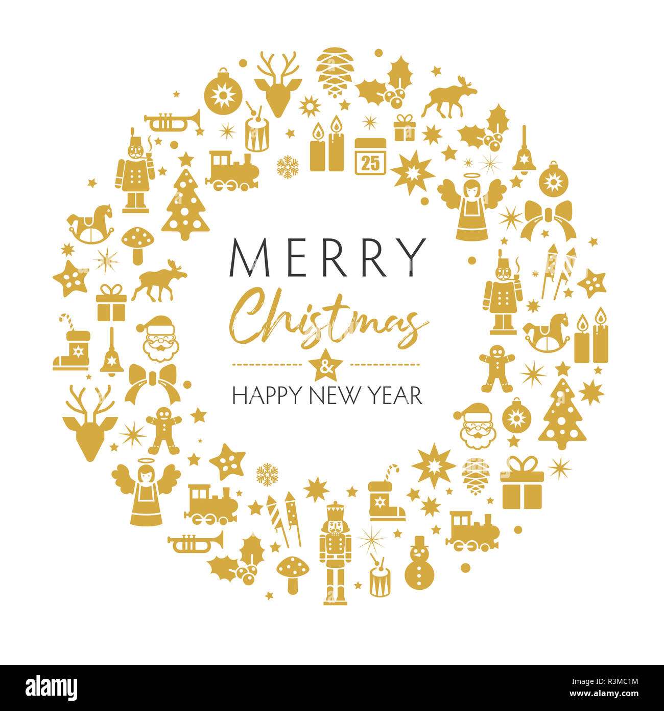 Feliz Navidad y feliz año nuevo tarjeta de felicitación con símbolos de navidad de oro sobre fondo blanco. Diseño de tipografía Vintage para Navidad, Año Nuevo emble Foto de stock