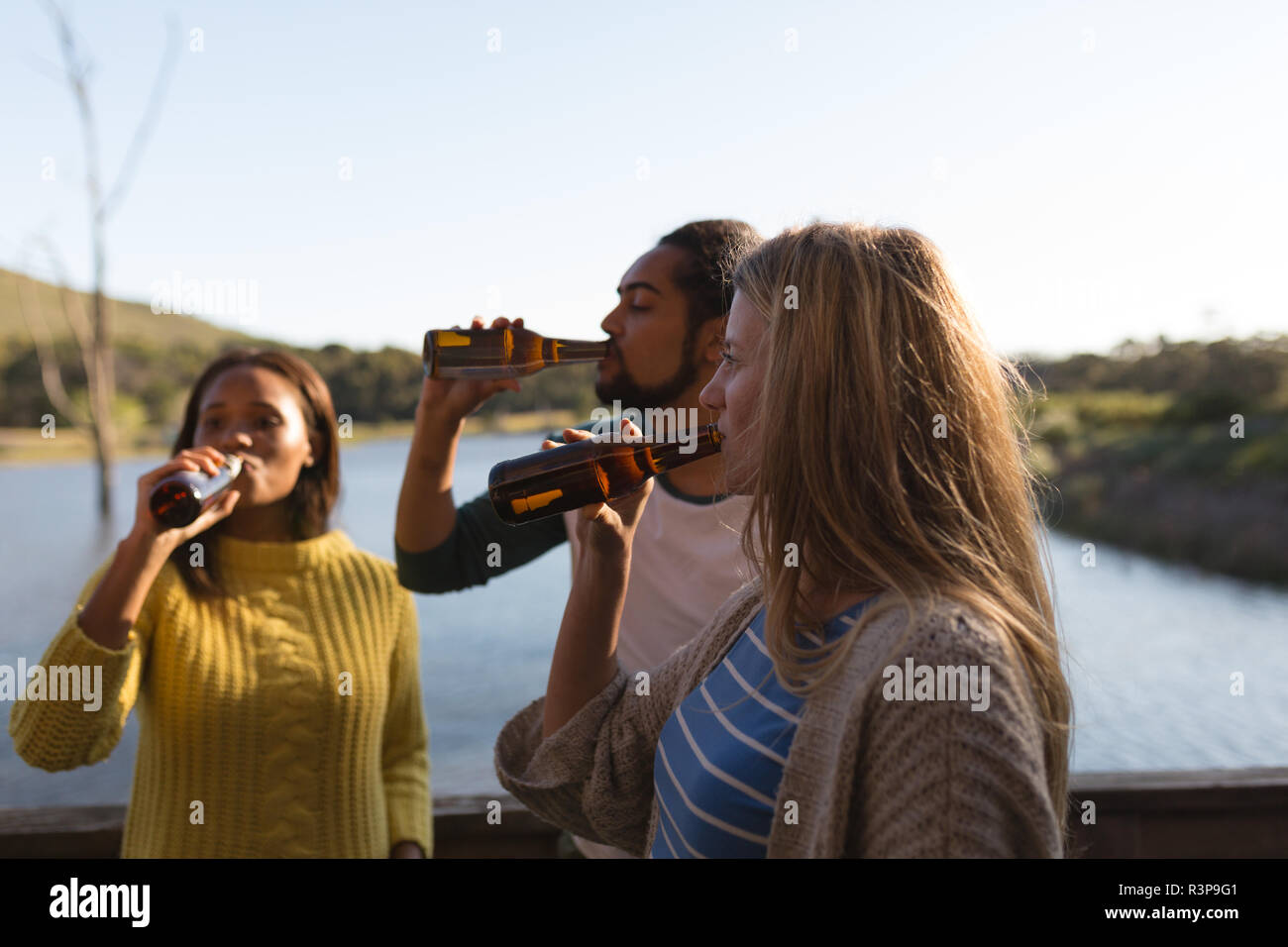 Amigos bebiendo cerveza en la cabina cerca del lago Foto de stock