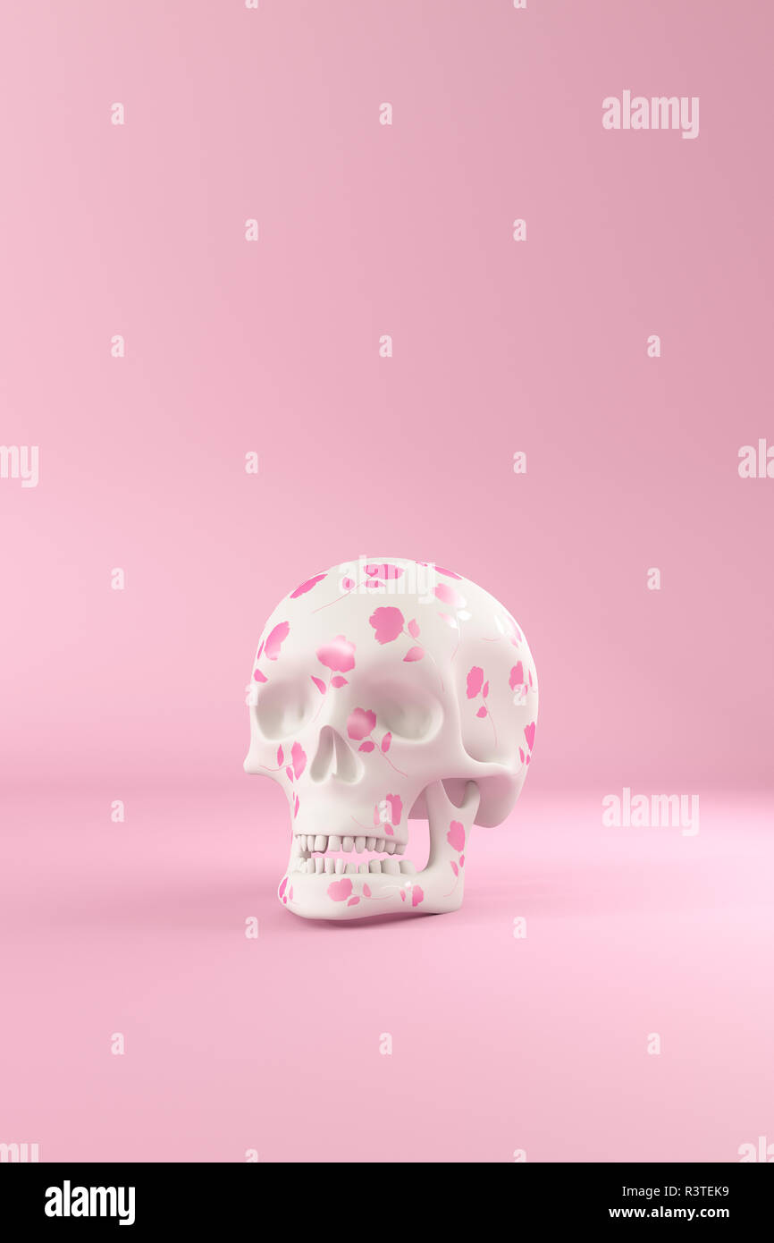 3D Rendering, cráneo decorado con rosas rosas en la parte delantera de  color rosa de fondo Fotografía de stock - Alamy
