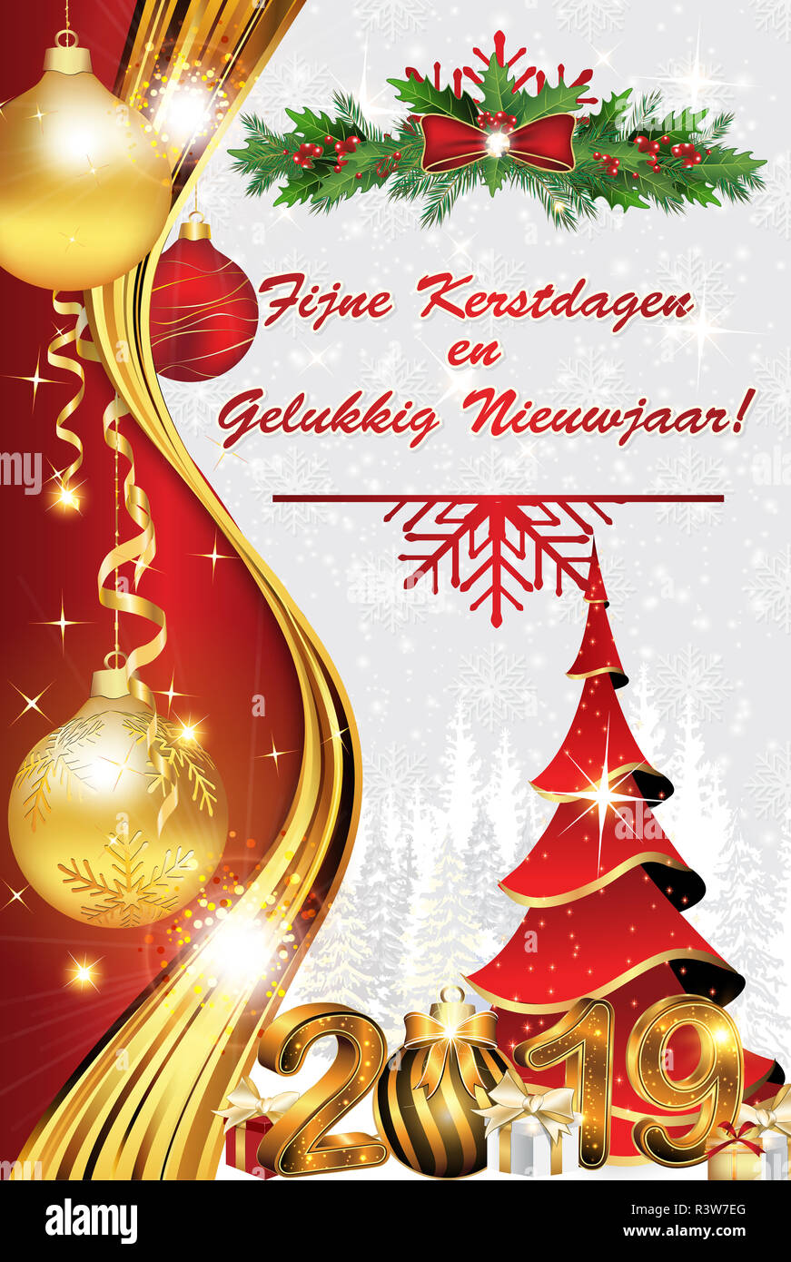 Feliz Navidad y un Feliz Año Nuevo 2019! Escrito en holandés. Tarjeta de  felicitación corporativa para la temporada de vacaciones Fotografía de  stock - Alamy