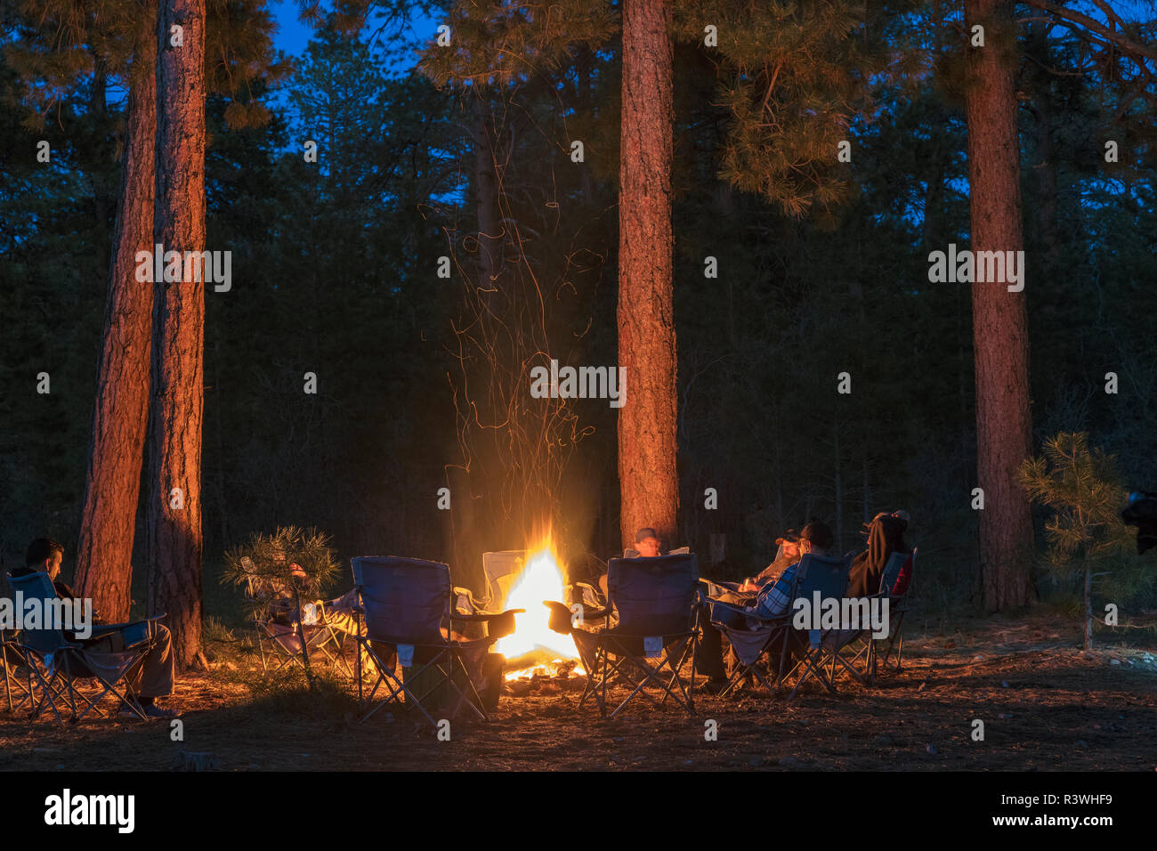 Los ciclistas de montaña se reúnen alrededor de una fogata en el Bosque Nacional Kaibab, Arizona, EE.UU. (MR) Foto de stock