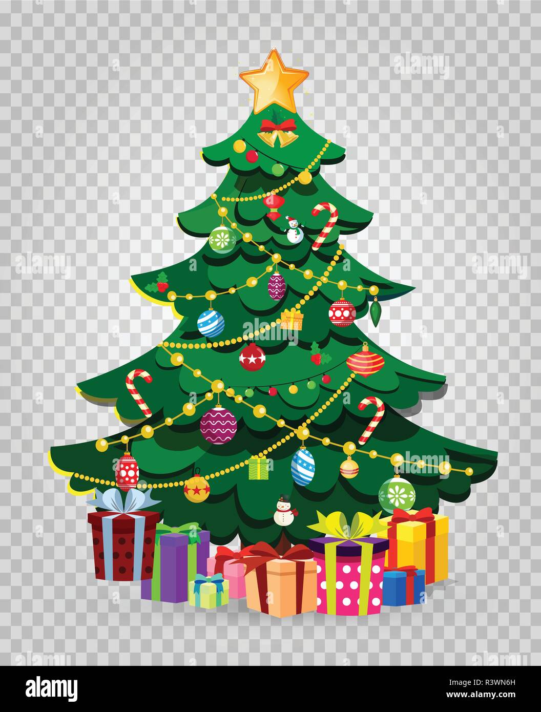 Cute dibujos animados abeto de Navidad decorado con muchos regalos y  presentes de cajas. Star, pelotas, garland aislado sobre fondo  transparente. Vector illustrat Imagen Vector de stock - Alamy