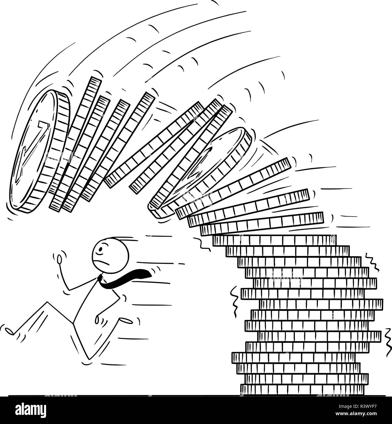 Caricatura del empresario huyendo de caer un montón o pila de monedas Ilustración del Vector