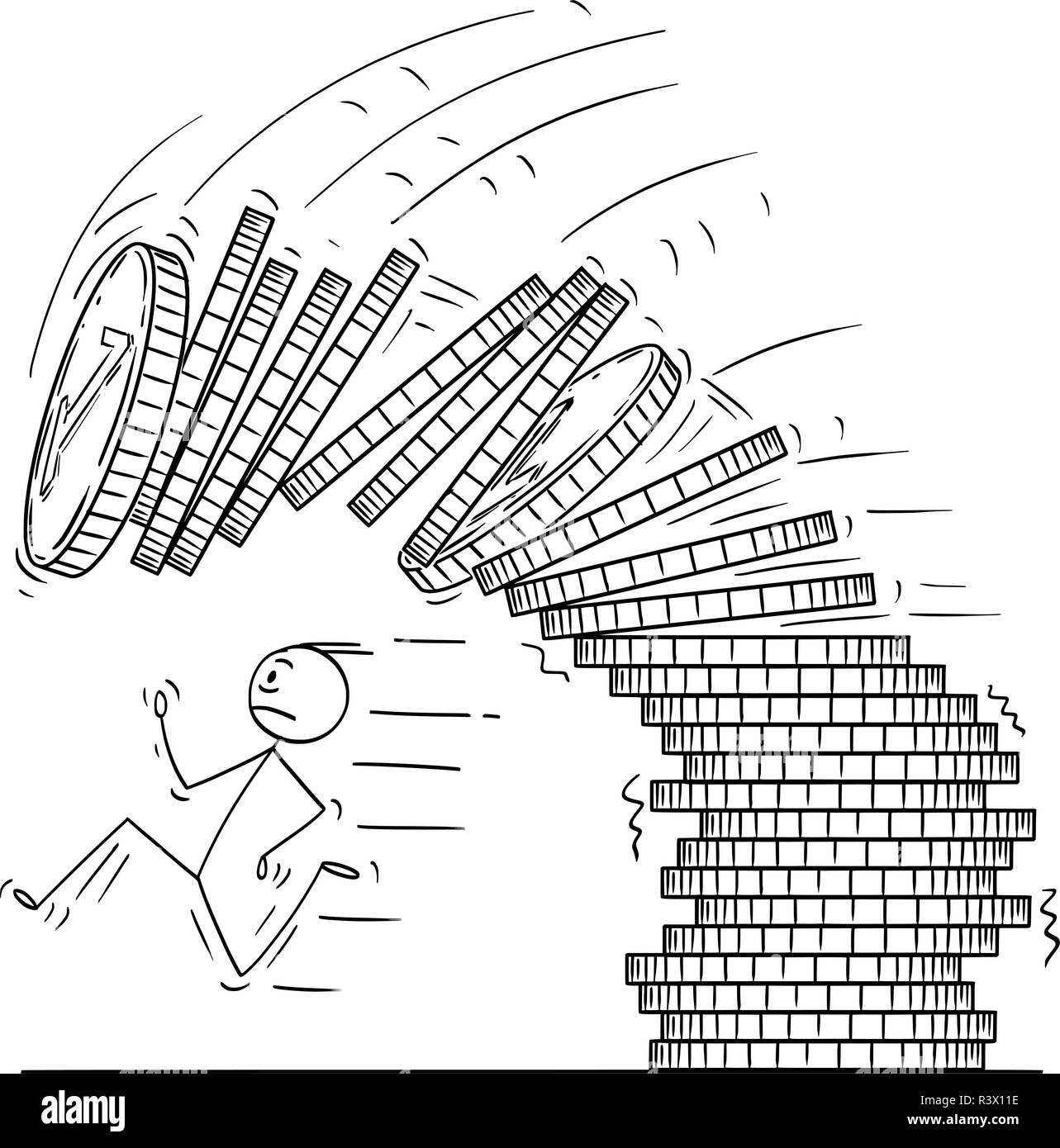 Caricatura de hombre o empresario huyendo de caer un montón o pila de monedas Ilustración del Vector