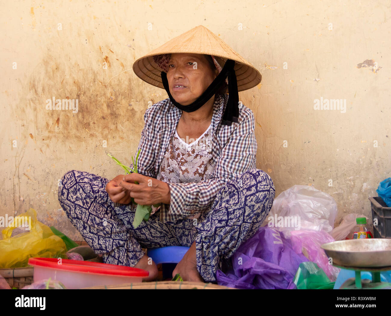 Anciana vendiendo verduras en el mercado callejero, Hoi An, Vietnam. Foto de stock