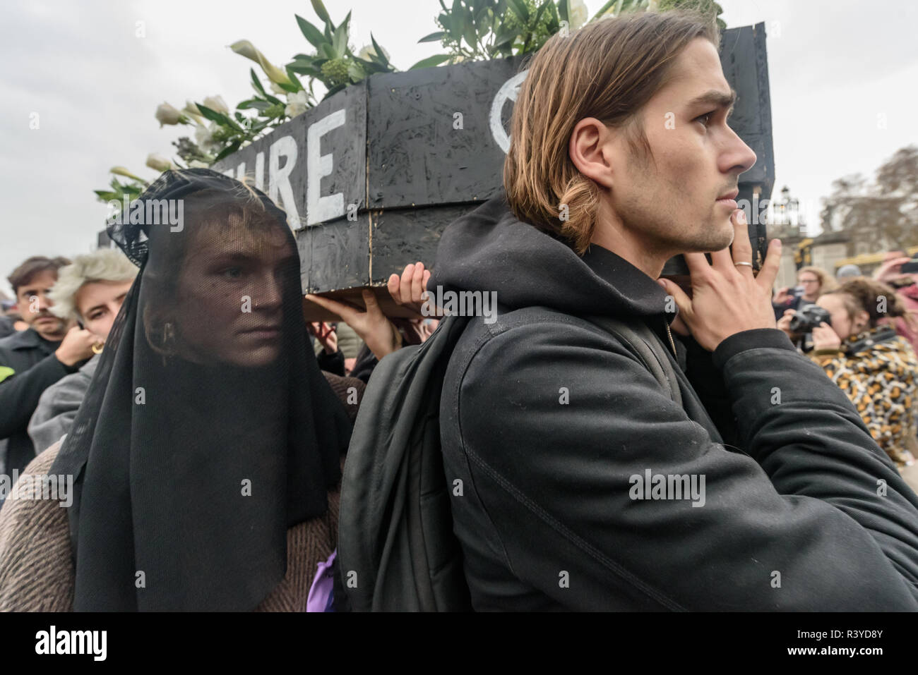 Londres, Reino Unido. El 24 de noviembre de 2018. La Extinción rebelión procesión fúnebre llega a las puertas del Palacio de Buckingham. Gail Bradbrook leer una carta de extinción rebelión a la Reina, pidiéndole que guarde su país y en el mundo, insistiendo en el hecho de que el gobierno tome acción urgente sobre el clima y presionar a otros gobiernos a que también lo hagan, y a los activistas de la rebelión declaración repetida una vez más. Luego vinieron a personas ponen sus coronas, flores y otras cosas que ellos habían traído sobre el ataúd en silencio, después de lo cual hubo música y baile y me fui. Peter Marshall/Alamy Live News Foto de stock