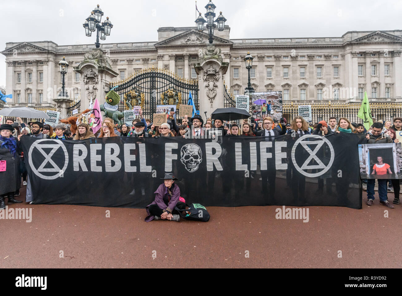 Londres, Reino Unido. El 24 de noviembre de 2018. La Extinción rebelión procesión fúnebre se sitúa delante de la entrada del Palacio de Buckingham. Gail Bradbrook leer una carta de extinción rebelión a la Reina, pidiéndole que guarde su país y en el mundo, insistiendo en el hecho de que el gobierno tome acción urgente sobre el clima y presionar a otros gobiernos a que también lo hagan, y a los activistas de la rebelión declaración repetida una vez más. Luego vinieron a personas ponen sus coronas, flores y otras cosas que ellos habían traído sobre el ataúd en silencio, después de lo cual hubo música y baile y me fui. Peter Marshall/Alamy Live News Foto de stock