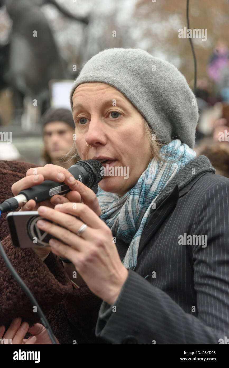 Londres, Reino Unido. El 24 de noviembre de 2018. Gail Bradbrook se enfrenta a Buckingham Palace y lee una carta de extinción rebelión a la Reina, pidiéndole que guarde su país y en el mundo, insistiendo en el hecho de que el gobierno tome acción urgente sobre el clima y presionar a otros gobiernos a que también lo hagan, y a los activistas de la rebelión declaración repetida una vez más. Luego vinieron a personas ponen sus coronas, flores y otras cosas que ellos habían traído sobre el ataúd en silencio, después de lo cual hubo música y baile y me fui. Peter Marshall/Alamy Live News Foto de stock