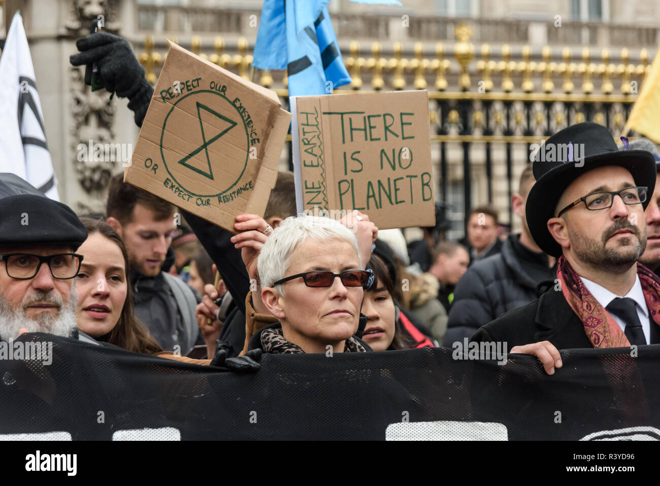 Londres, Reino Unido. El 24 de noviembre de 2018. La Extinción rebelión procesión fúnebre se sitúa delante de la entrada del Palacio de Buckingham. Gail Bradbrook leer una carta de extinción rebelión a la Reina, pidiéndole que guarde su país y en el mundo, insistiendo en el hecho de que el gobierno tome acción urgente sobre el clima y presionar a otros gobiernos a que también lo hagan, y a los activistas de la rebelión declaración repetida una vez más. Luego vinieron a personas ponen sus coronas, flores y otras cosas que ellos habían traído sobre el ataúd en silencio, después de lo cual hubo música y baile y me fui. Peter Marshall/Alamy Live News Foto de stock