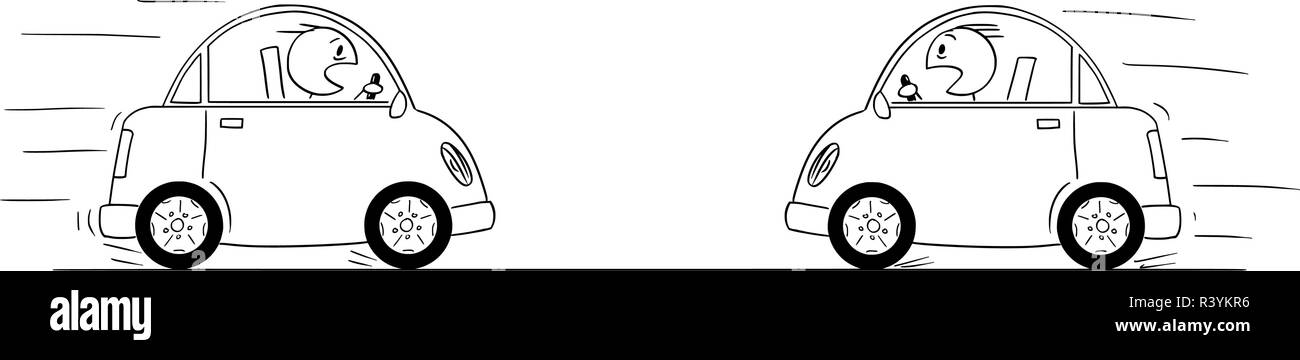 Caricatura dibujo od dos automóviles circulando unos contra otros a sólo unos momentos antes de la colisión accidente de choque Ilustración del Vector