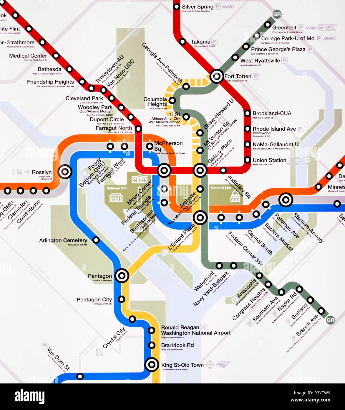 Metro mapa del metro de Washington DC. Foto de stock