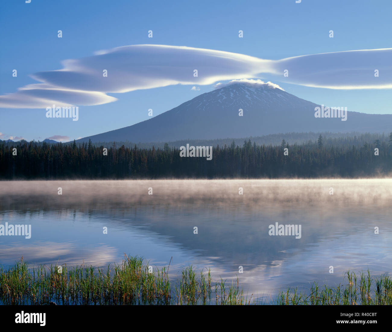 USA, Oregon, Deschutes National Forest, nube Lenticular y Mount Bachelor reflejan en misty, el agua del lago de lava poco, temprano en la mañana. Foto de stock