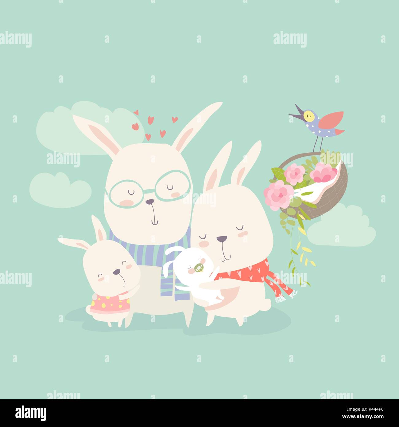 Ilustración de conejos de dibujos animados feliz familia con recién nacidos  Imagen Vector de stock - Alamy