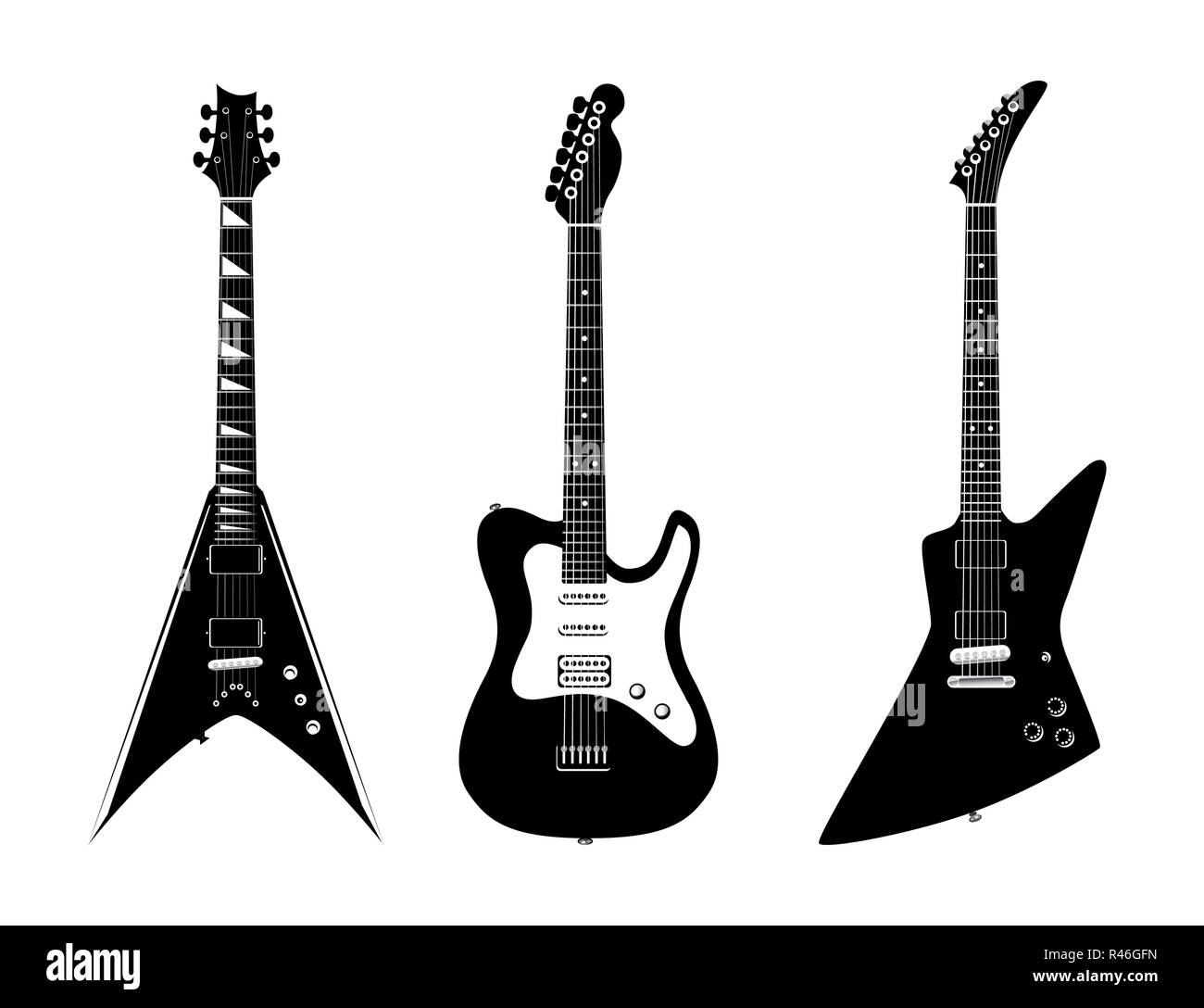 Ilustración vectorial Verious guitarras eléctricas aisladas de color negro sobre fondo blanco - Instrumentos de música rock. Ilustración del Vector