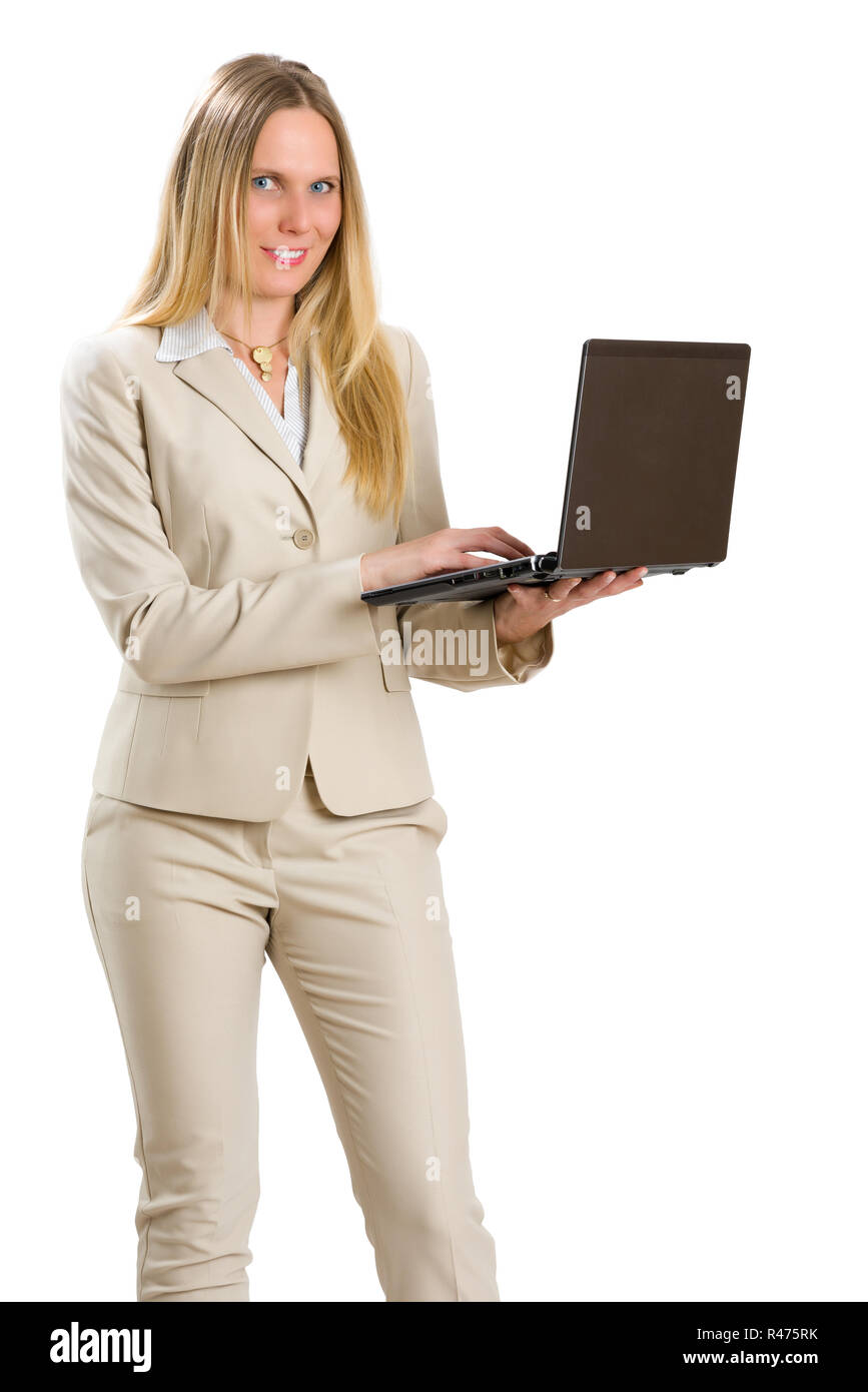 Atractiva mujer de negocios con ordenador portátil, aislado en blanco. Foto de stock