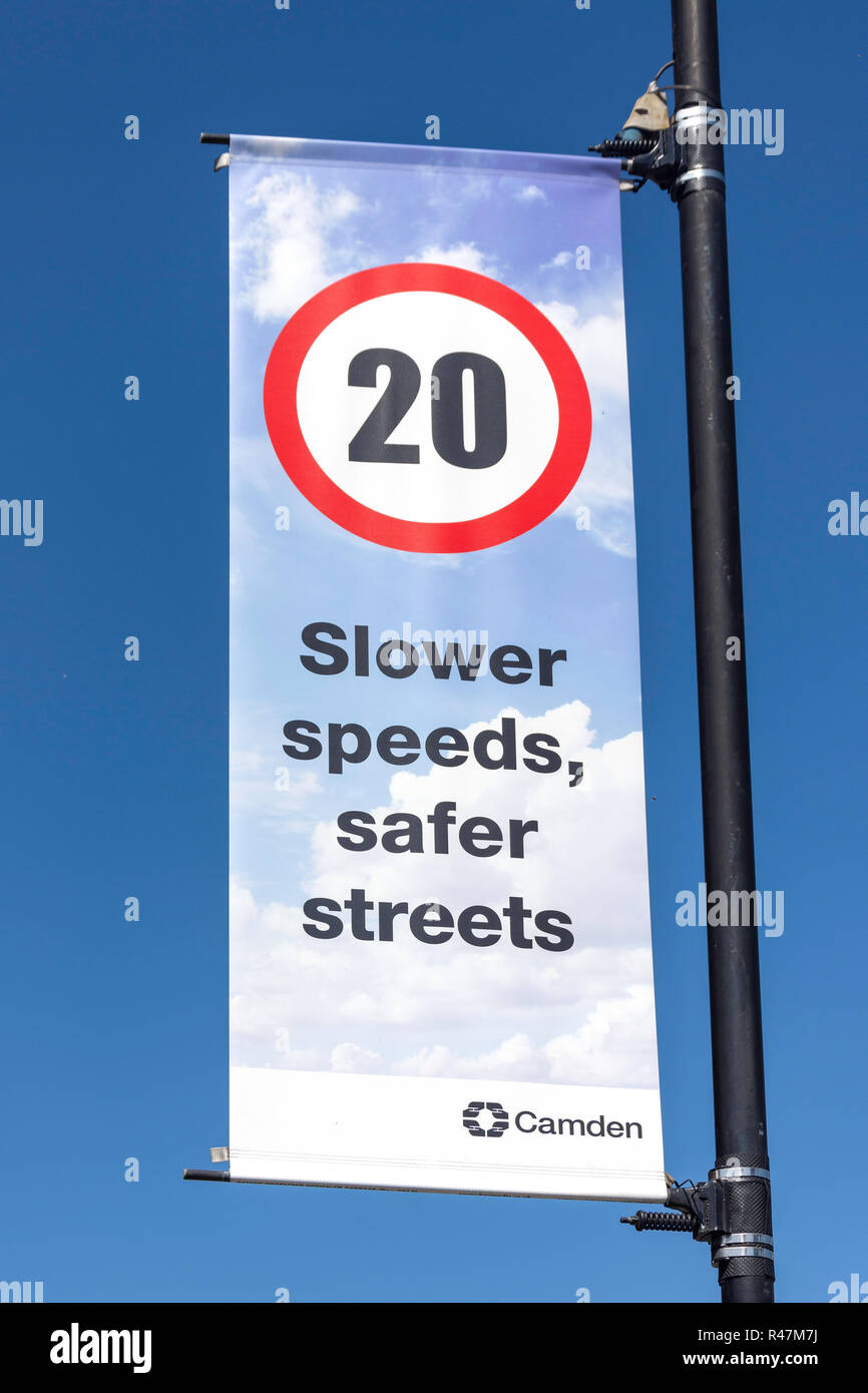 20mph seguridad banner, West End Lane, West Hampstead, London Borough of Camden, Greater London, England, Reino Unido Foto de stock