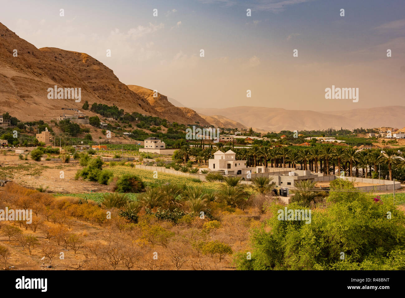 Los palmerales construcciones y montañas que rodean el valle del río Jordán,  en las cercanías de la antigua ciudad de Jericó. Oeste de Palestina  Fotografía de stock - Alamy