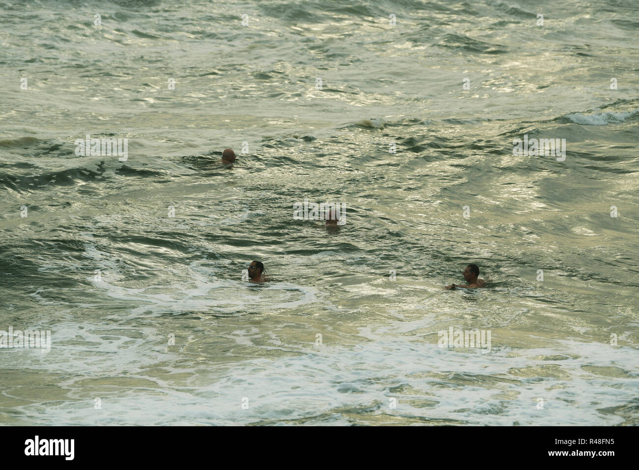 El grupo de cuatro machos adultos de extrema nadadores de aguas abiertas de pedalear en el agua mientras nadan entrenamiento temprano en la mañana, Durban, KwaZulu-Natal, Sudáfrica Foto de stock
