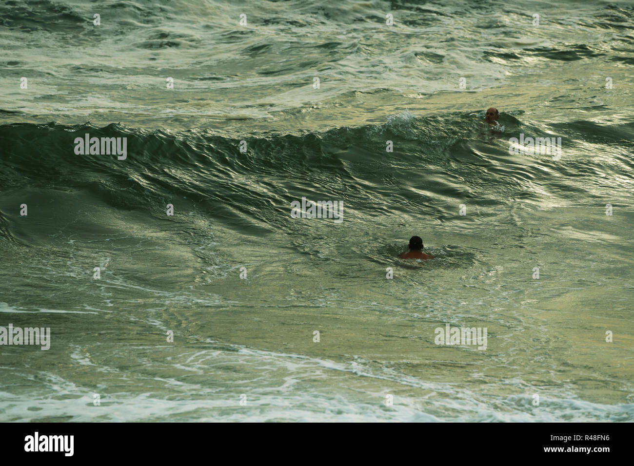 Dos machos adultos de nadadores de aguas abiertas, grandes olas de negociación durante las horas tempranas de la mañana mar nadan, Durban, Sudáfrica Foto de stock