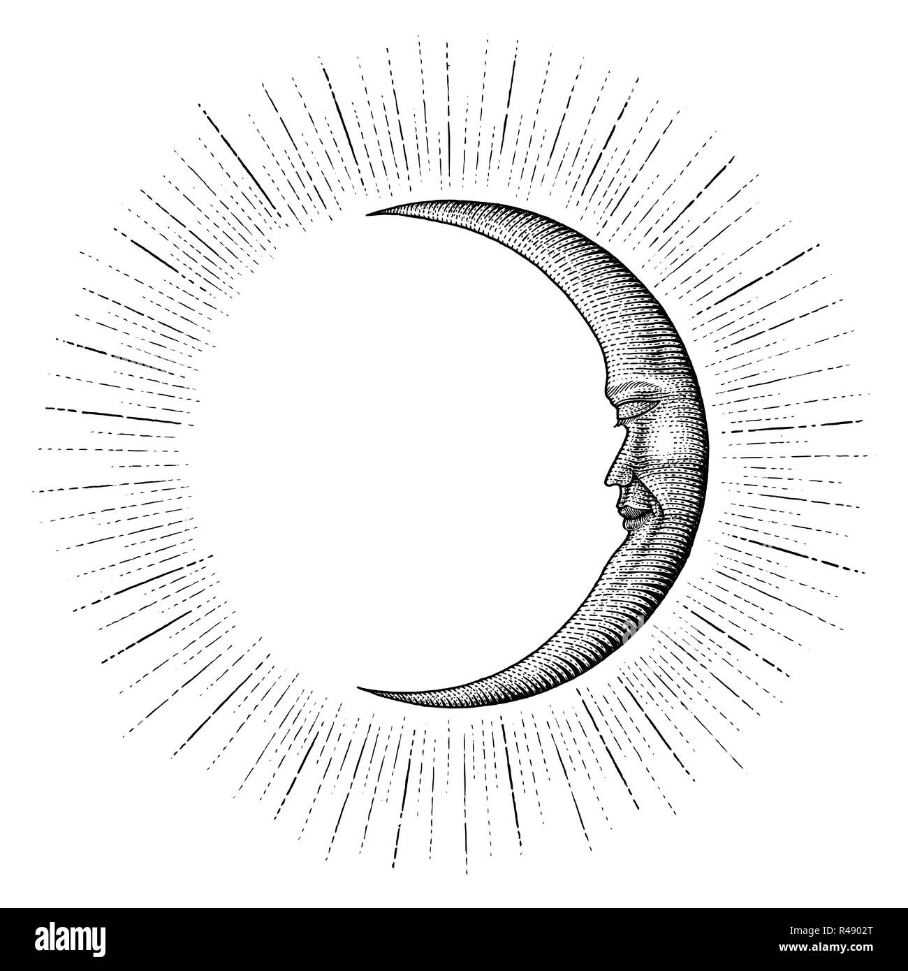 Enfrentan en la Luna con destellos de dibujo a mano alzada línea detalle dinero grabado vintage style para tatuaje Imagen Vector de stock - Alamy Enfrentan en la Luna con destellos de dibujo a mano alzada línea detalle dinero grabado vintage style para tatuaje Imagen Vector de stock - Alamy