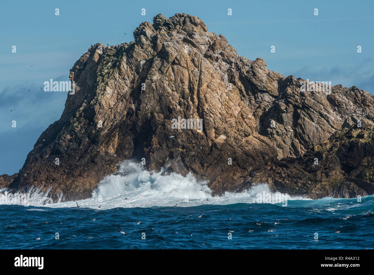 Una isla rocosa sobresale del océano Pacífico, esto es parte de las Islas Farallón, California. Foto de stock