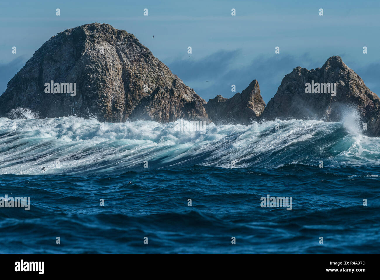 Las Islas Farallón que sobresale del océano pacífico como olas grandes en rollos. Foto de stock