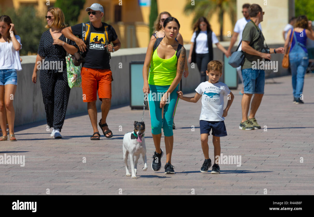 Madre e hijo con ropa deportiva caminar con su mascota en un día de verano con la gente detrás de ellos. Foto de stock