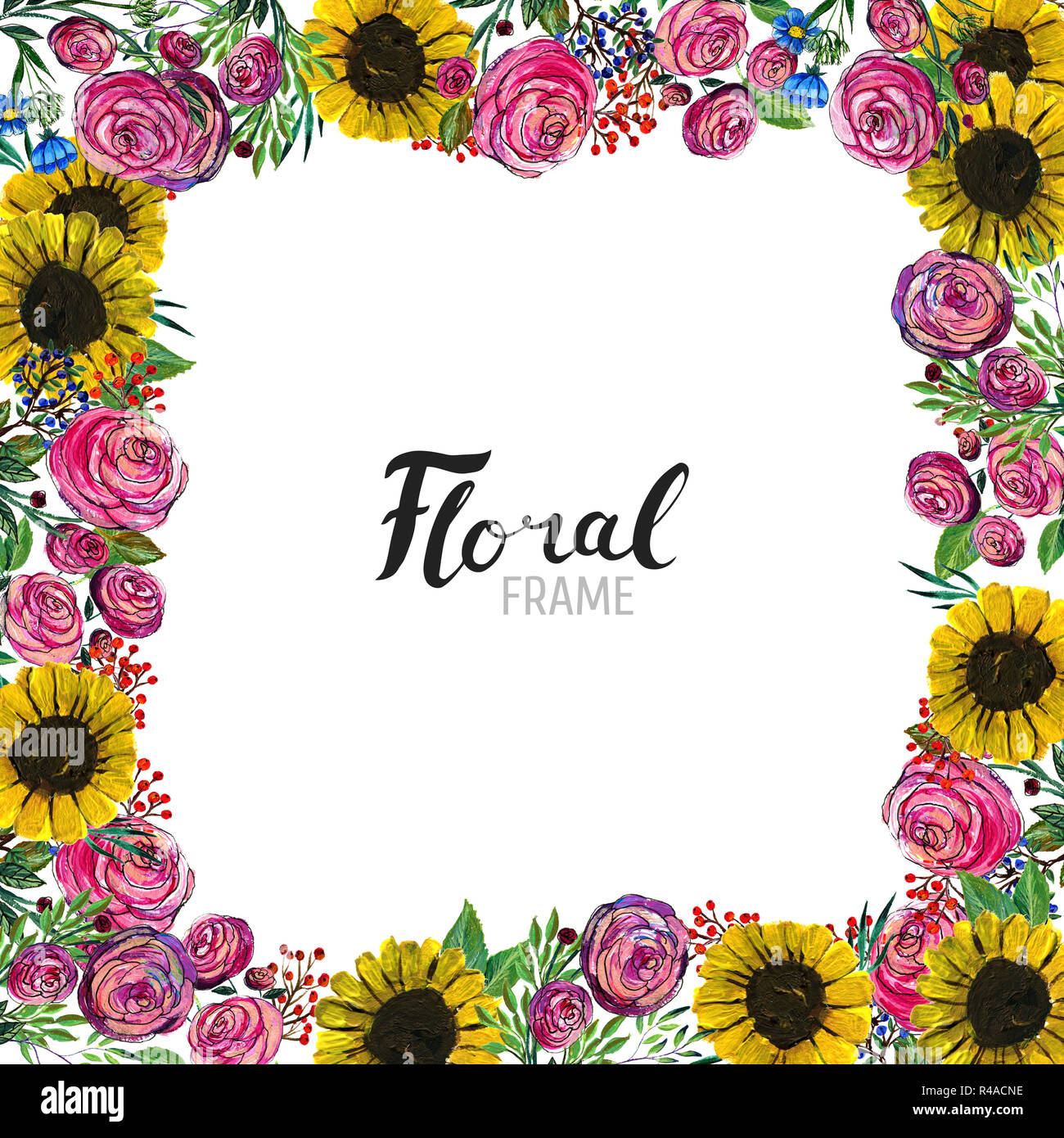 Acuarela fondo floral. Borde de flores pintados a mano. Bueno para invitaciones y tarjetas de felicitación. Bastidor de girasoles, rosas, bayas y azul wi Fotografía de stock - Alamy Acuarela fondo floral. Borde de flores pintados a mano. Bueno para invitaciones y tarjetas de felicitación. Bastidor de girasoles, rosas, bayas y azul wi Fotografía de stock - Alamy