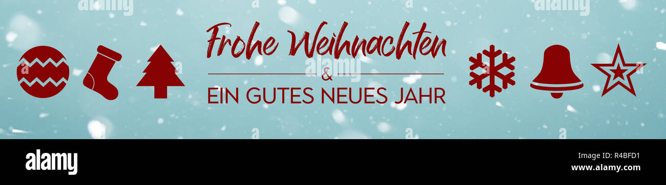 Banner - Frohe Weihnachten und ein gutes Neues Jahr - Feliz Navidad y Próspero Año Nuevo en alemán Foto de stock