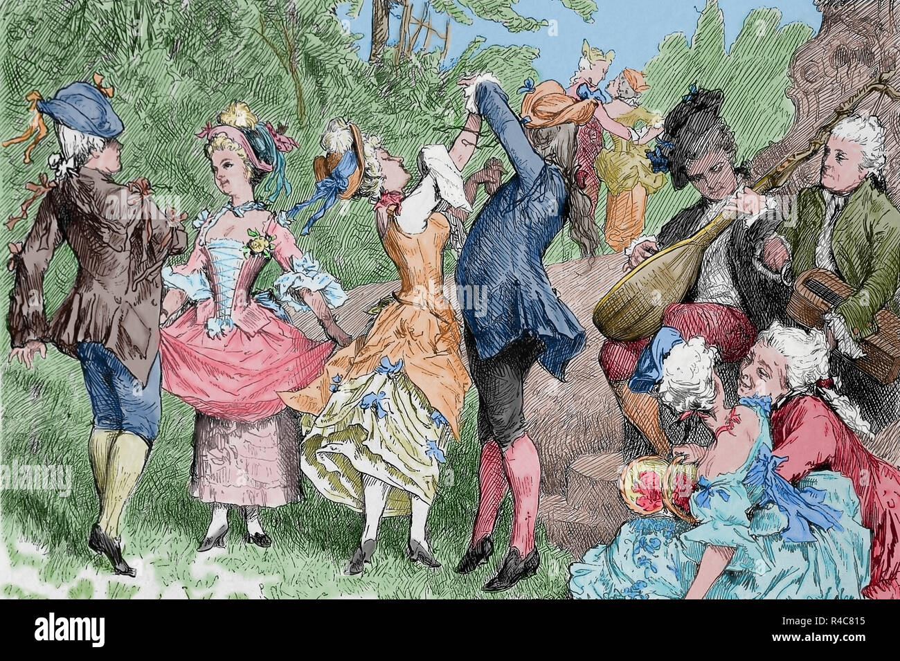 La aristocracia. Siglo XVIII. Panorama de la danza. Grabado de Germania, 1882. Foto de stock
